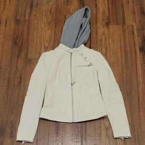 Guess Cream and Gray Leather Jacket with Modern Design